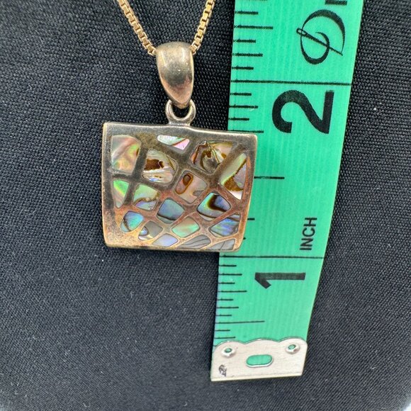 Vtg Abalone Shell Mosaic Square Pendant Sterling Silver Gold Tone Necklace Sea - Picture 13 of 16